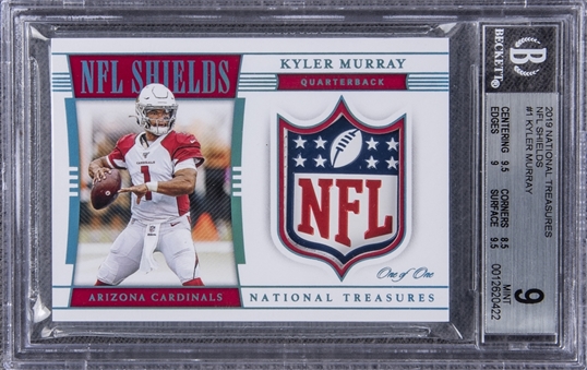 2019 National Treasures "NFL Shields" #NFLS-KM Kyler Murray "NFL Shield" Patch Rookie  Card (#1/1) – BGS MINT 9